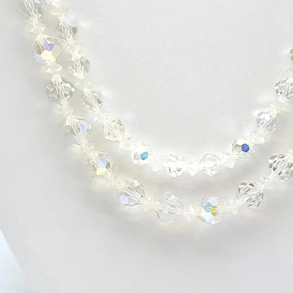 Clear Glass Aurora Borealis Crystal Dual Strand Rhinestone Clasp Necklace 18" - Picture 2 of 4